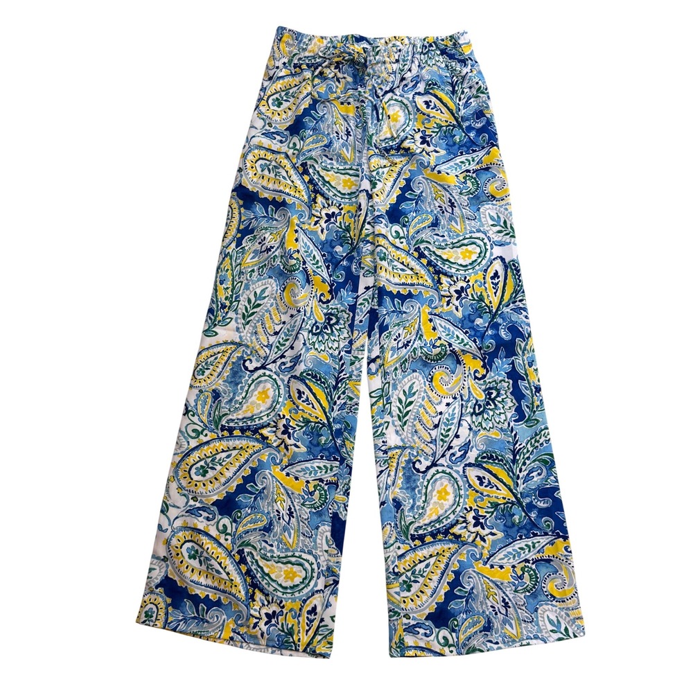 Ralph Lauren Paisley Wide Leg Pants Blue Yellow Green Drawstring Elastic Waist